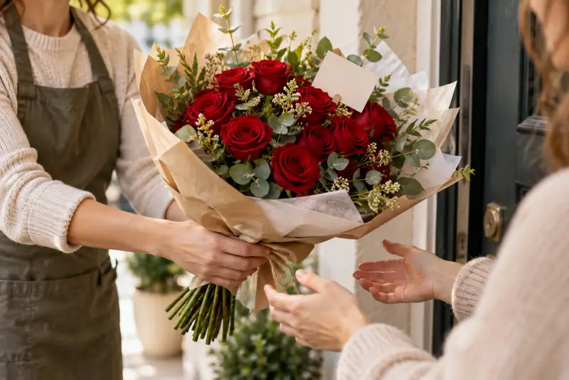 En florist lämnar över en bukett röda rosor vid en ytterdörr.