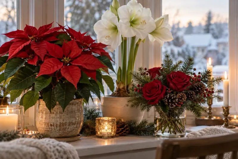 En röd julstjärna, en vit amaryllis och röda rosor med granris på ett fönsterbord.