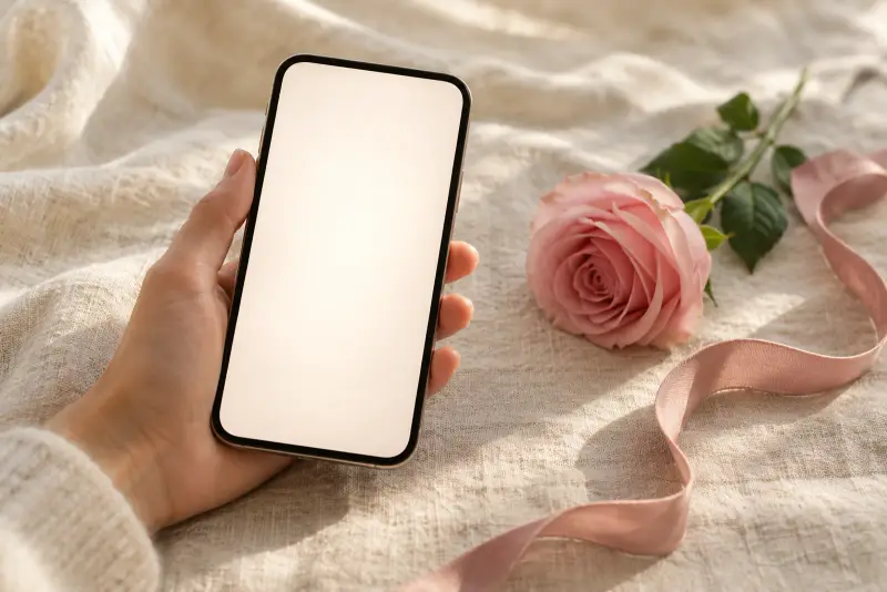 En hand håller en mobil med ett presentkort på blommor, bredvid en rosa ros.