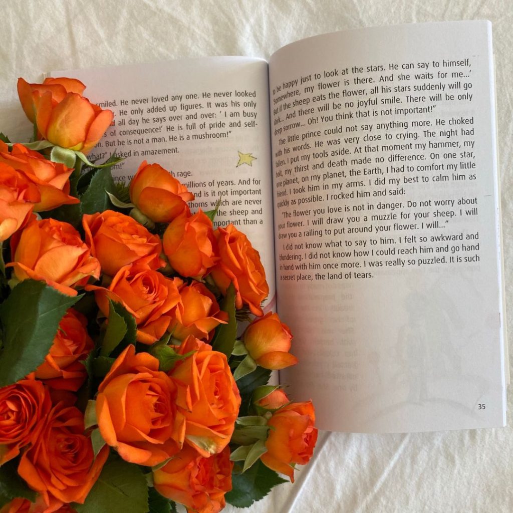 En bukett med orange rosor placerad bredvid en öppen bok och på en säng med vitt lakan, visar en romantisk version av orange rosor som passar väl till solstrålen i ditt liv och partner.